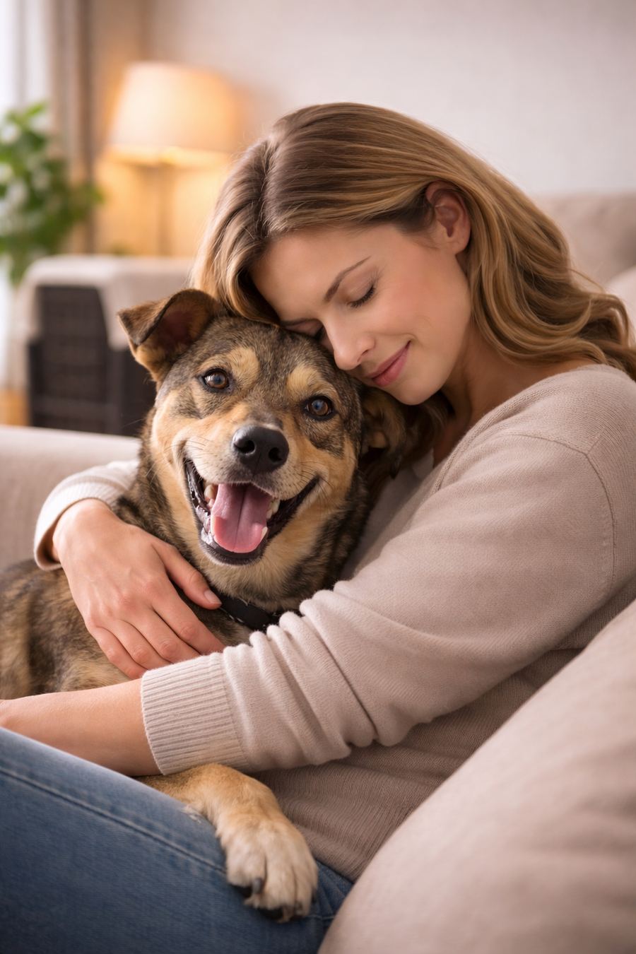 Woman hugging her golden retriever before an international pet relocation